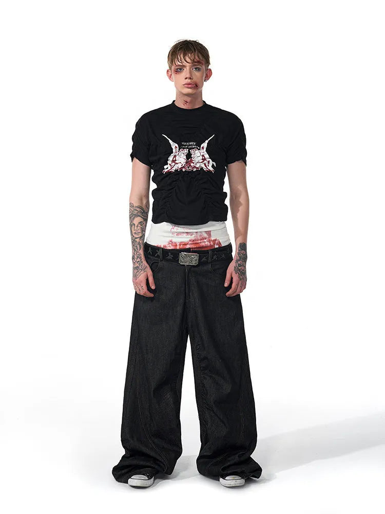 Black men's slim fit short sleeve T-shirt with round neck on a grey background.