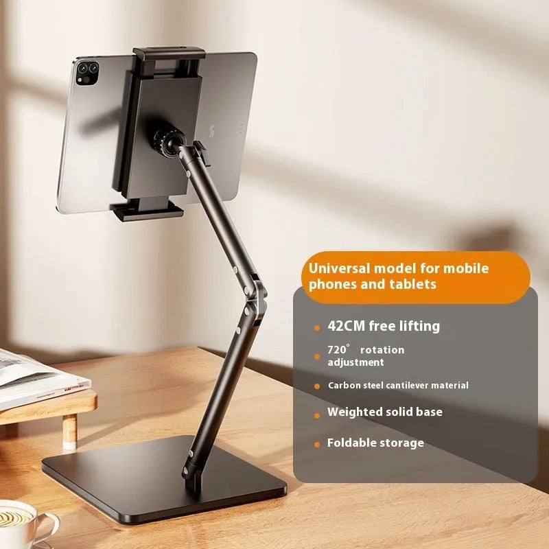 Alloy desktop bracket holding a mobile phone with adjustable arms for live streaming and shooting