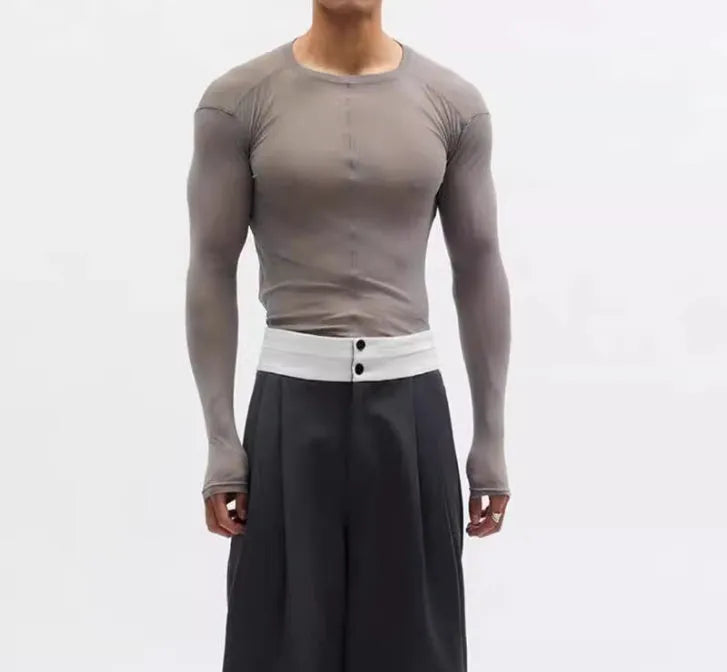 Black mesh see-through texture slim-fit long sleeve pullover on a hanger.