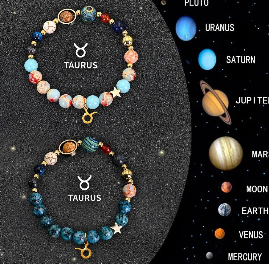 Two natural stone beaded bracelets on a table representing zodiac sign jewellery.