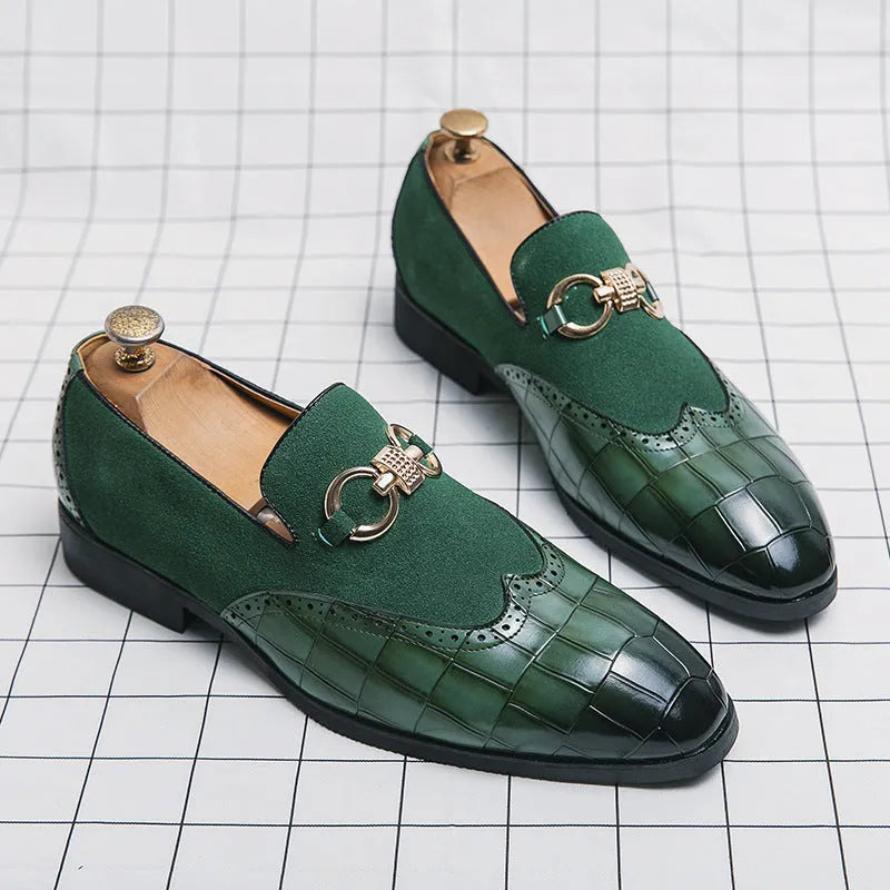 Men's black and green pointed-toe casual shoes with low-top design and rubber sole