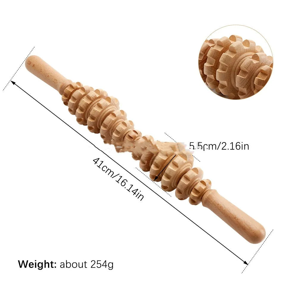 Set of natural beech wood massage rollers including T-shaped, 9-wheel, 12-wheel, and 13-wheel designs.