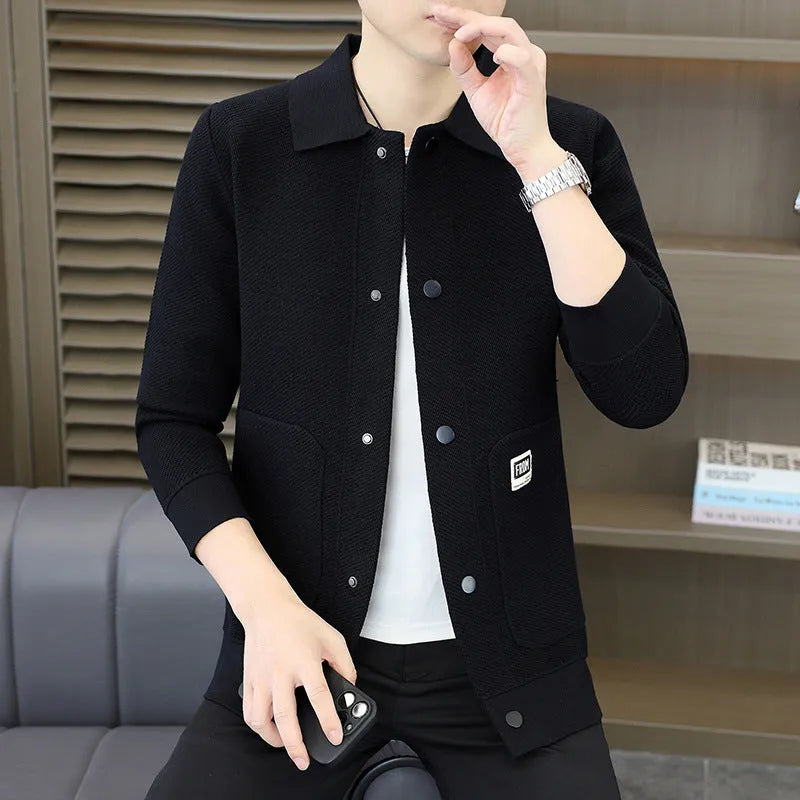 Fashion lapel sweater casual cardigan for youth in gray, black, khaki, loose fit, sizes 165 to 190