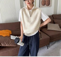 Retro half zipper sleeveless knit vest in polyester mesh fabric showing Japanese casual style