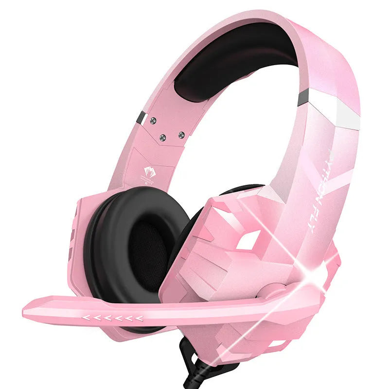 White wired gaming headset with LED breathing lights and a flexible microphone, shown on a dark background.