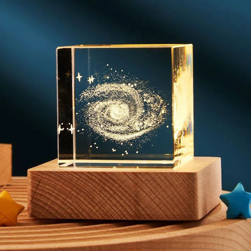 3D crystal cube night lamp with warm light and glass lampshade, available in 40mm and 60mm sizes