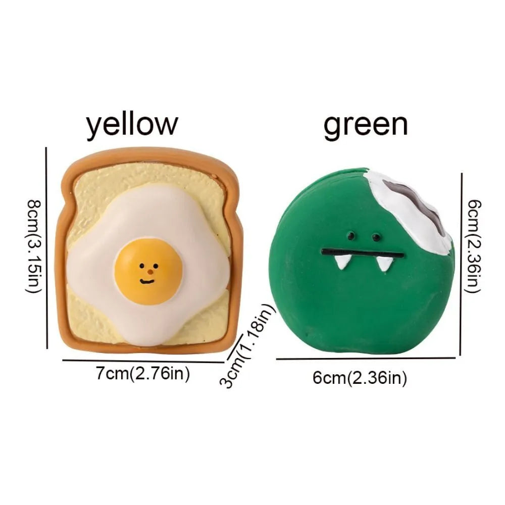 Yellow and green bread-shaped latex dog chew toy with cartoon patterns and squeaky feature