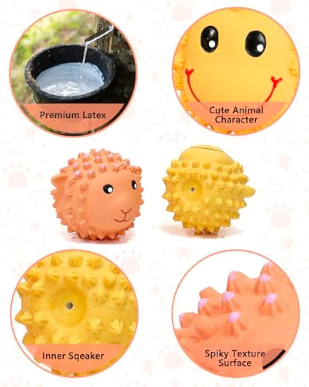 Orange and yellow squeaky latex dog toy with elastic spikes for teeth cleaning
