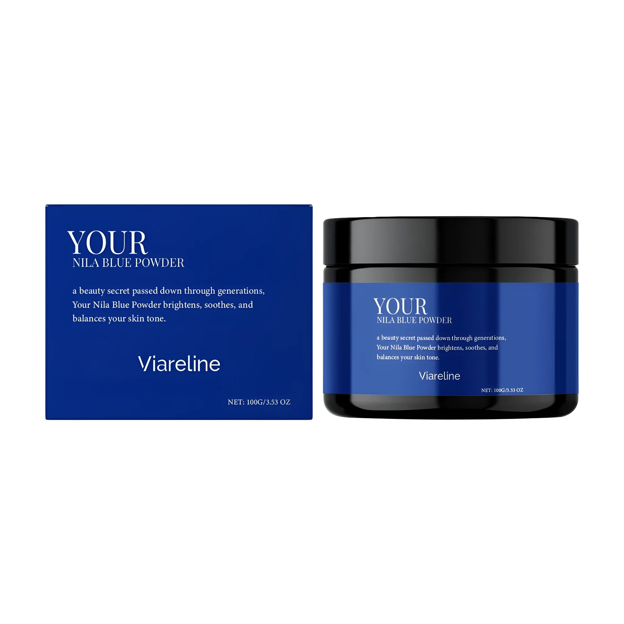 Indigo Light Spot Facial Mask Powder 100g jar with blue powder and ingredient list including α-arbutin and hydrolyzed collagen
