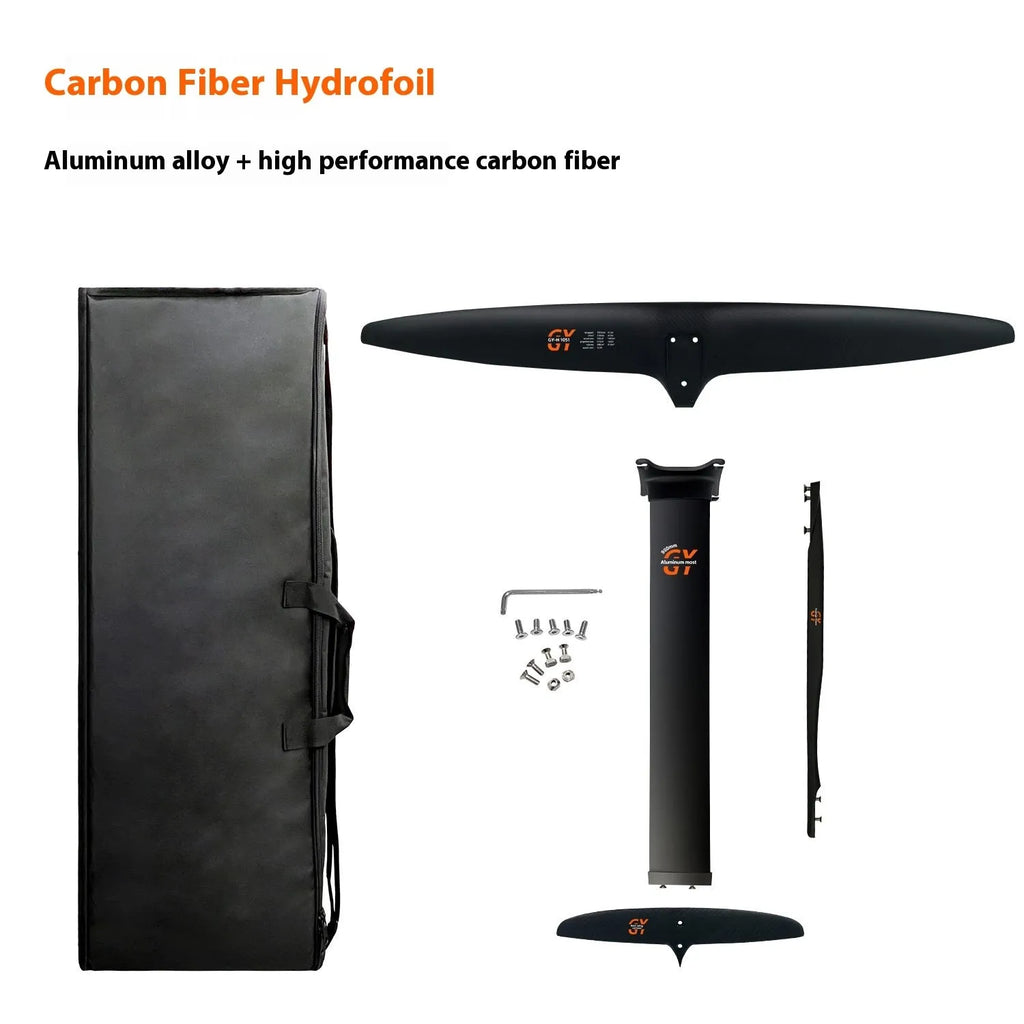 Black carbon fibre and aluminium hydrofoil with 1051mm front wing for racing and surfing