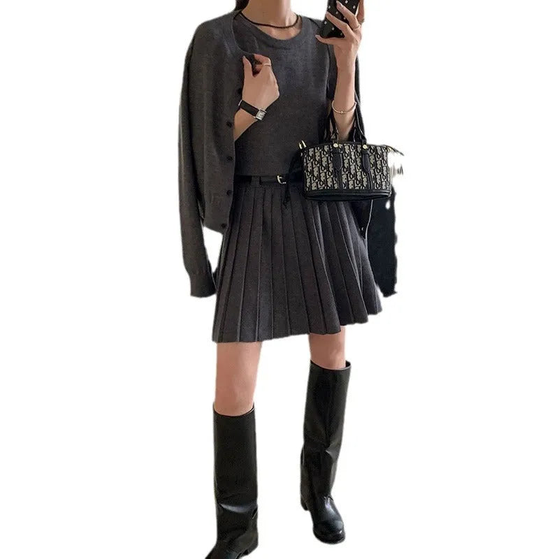 Women's grey knitted vest skirt and cardigan two-piece set with 3D pattern