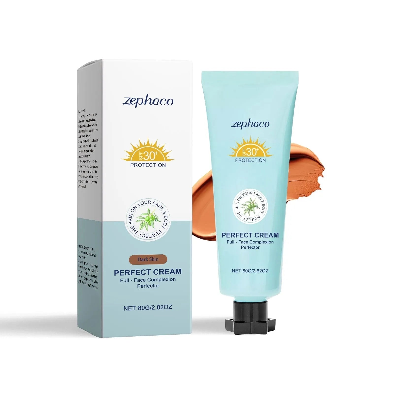 Bottle of curdling sunscreen liquid foundation in three shades: dark skin, ivory white, natural colour.