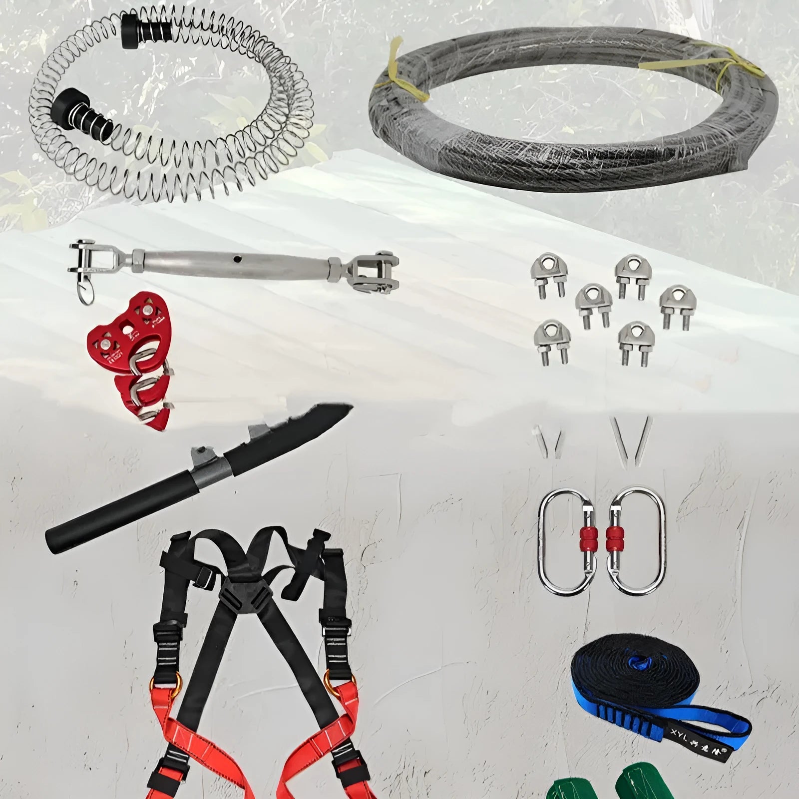 Child safety pulley slide rope set with 10m steel cable, harness, carabiners, and tree protectors