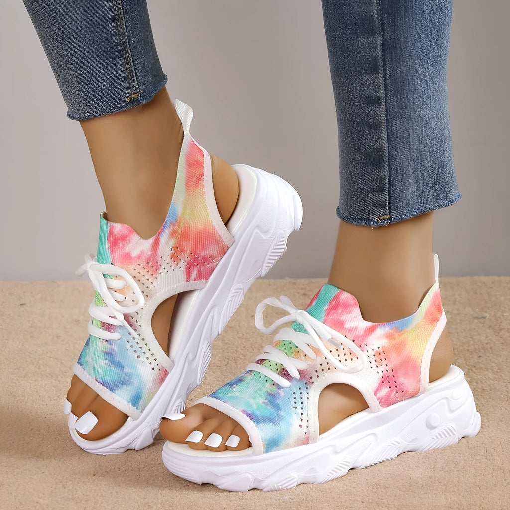 Print lace-up sports sandals with mesh upper, peep toe, hollow back, and rubber sole in summer casual style