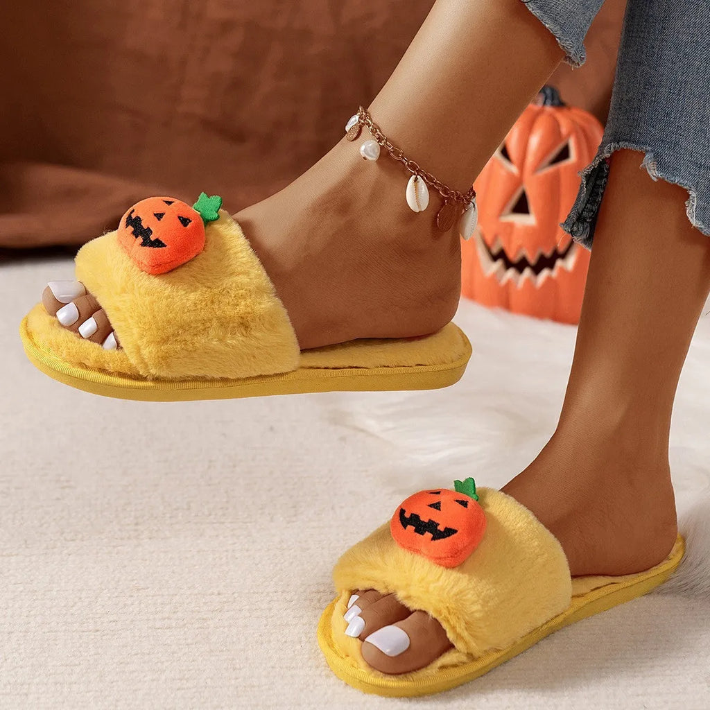 Yellow and white Halloween pumpkin plush open toe slippers with synthetic fur upper and PVC sole