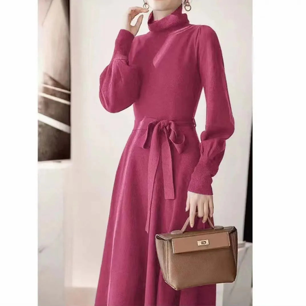 Turtleneck knitted dress with elastic waist and loose big hem in rose red colour