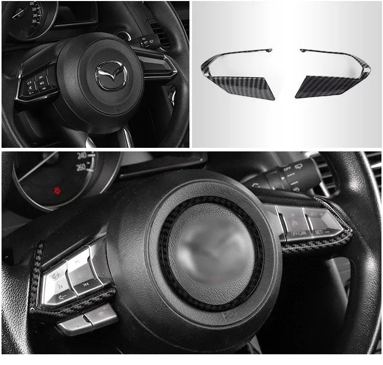 Pair of carbon fibre finish ABS steering wheel frames with adhesive backing for non-destructive car dashboard installation