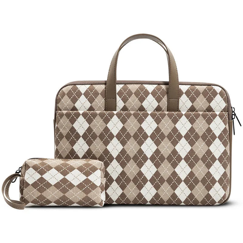 Protective padded laptop sleeve with airbag lining, zip closure, and leather carry loop, Diamond Apricot colour