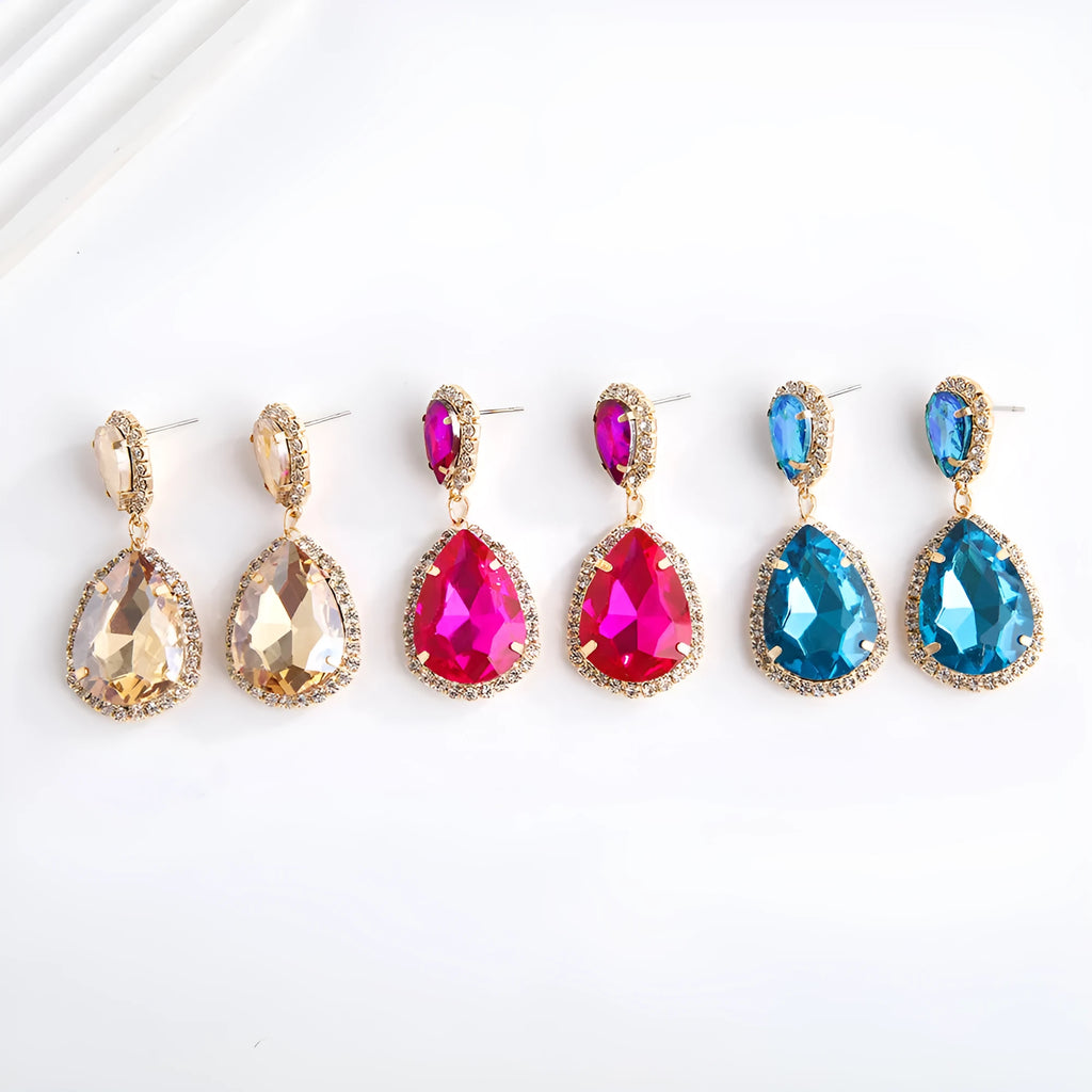 Multi-layer drop-shaped glass rhinestone metal alloy earrings for women in rose red, champagne, and blue