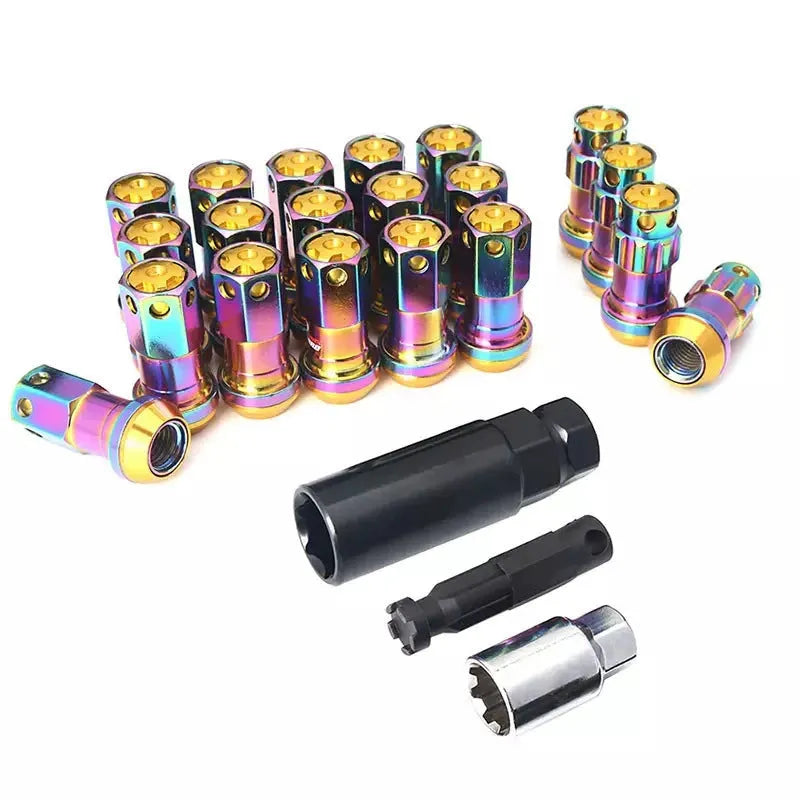 Set of aluminium alloy universal wheel hub nuts in various two-tone colours including black gold and red.