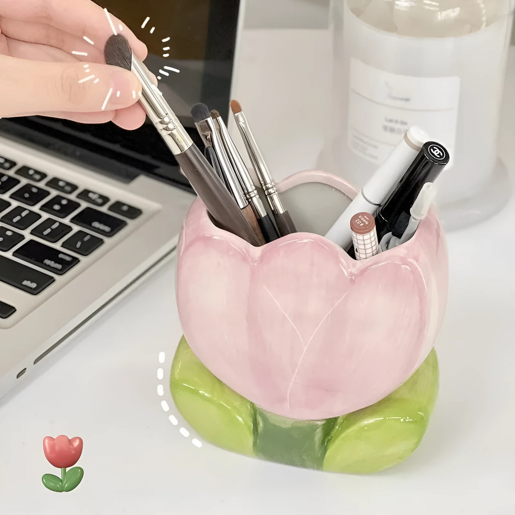 Ceramic flower pen holder storage box with floral patterns in blue, pink and purple colour variations