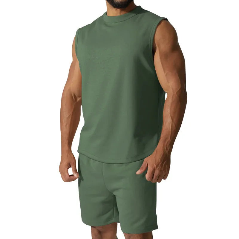 Men's sleeveless cotton blend sports top and matching shorts casual set in army green.