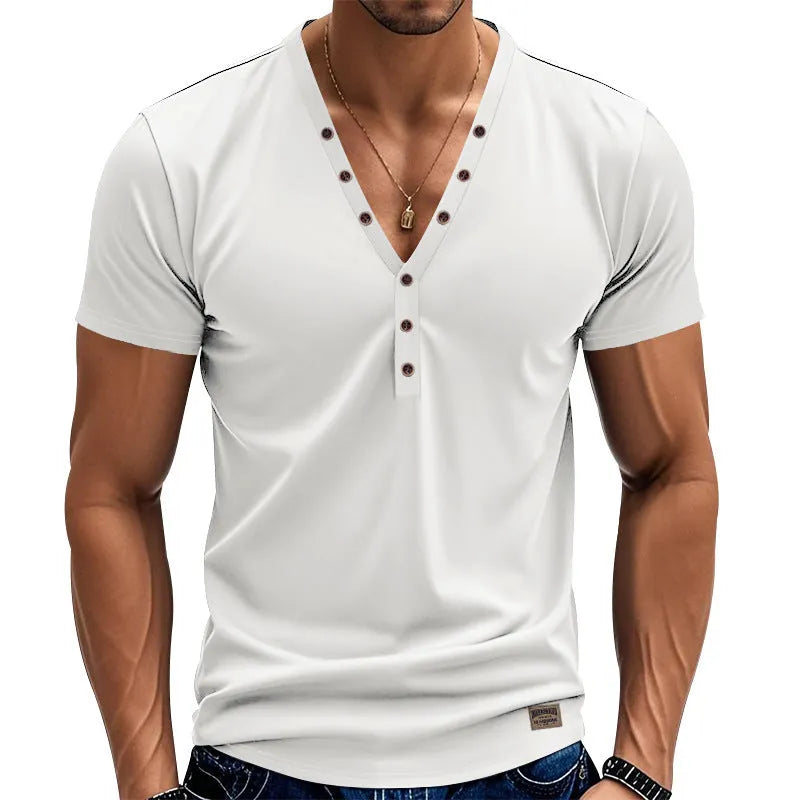 Men's loose V-neck pullover top with button design in light blue colour