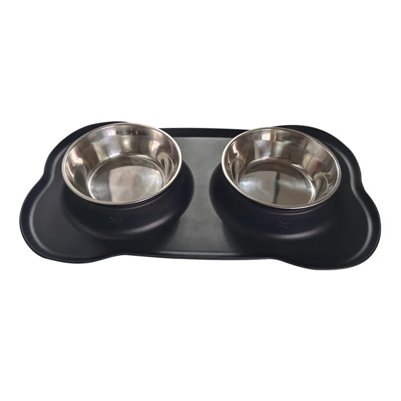Large silicone dog bowl with stainless steel insert in double bowl configuration for pet feeding