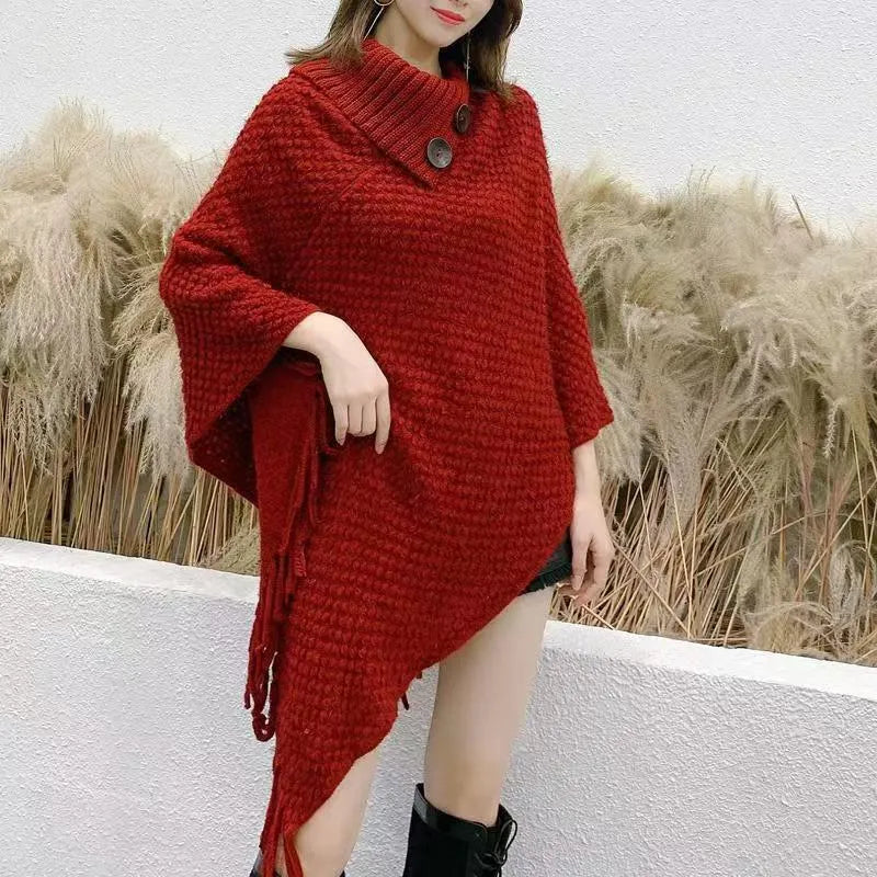 Women's triangle shawl cape in plush cashmere blend fabric with tassel detailing