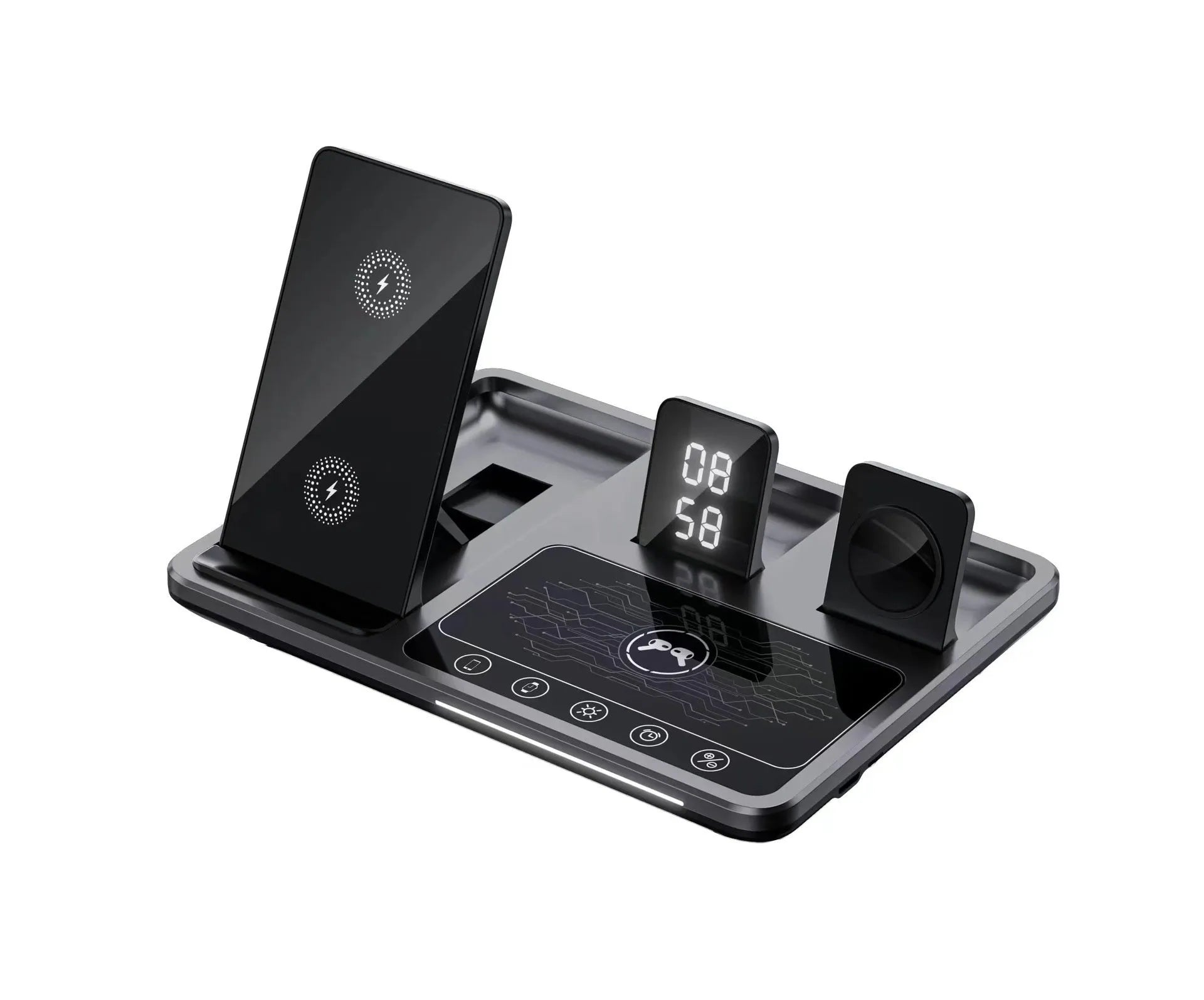 Multifunctional wireless fast charging clock with folding bracket, black plastic version, charging a phone upright