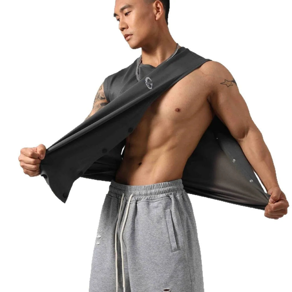 Korean style cotton fitness vest with hidden hook side openings in black colour