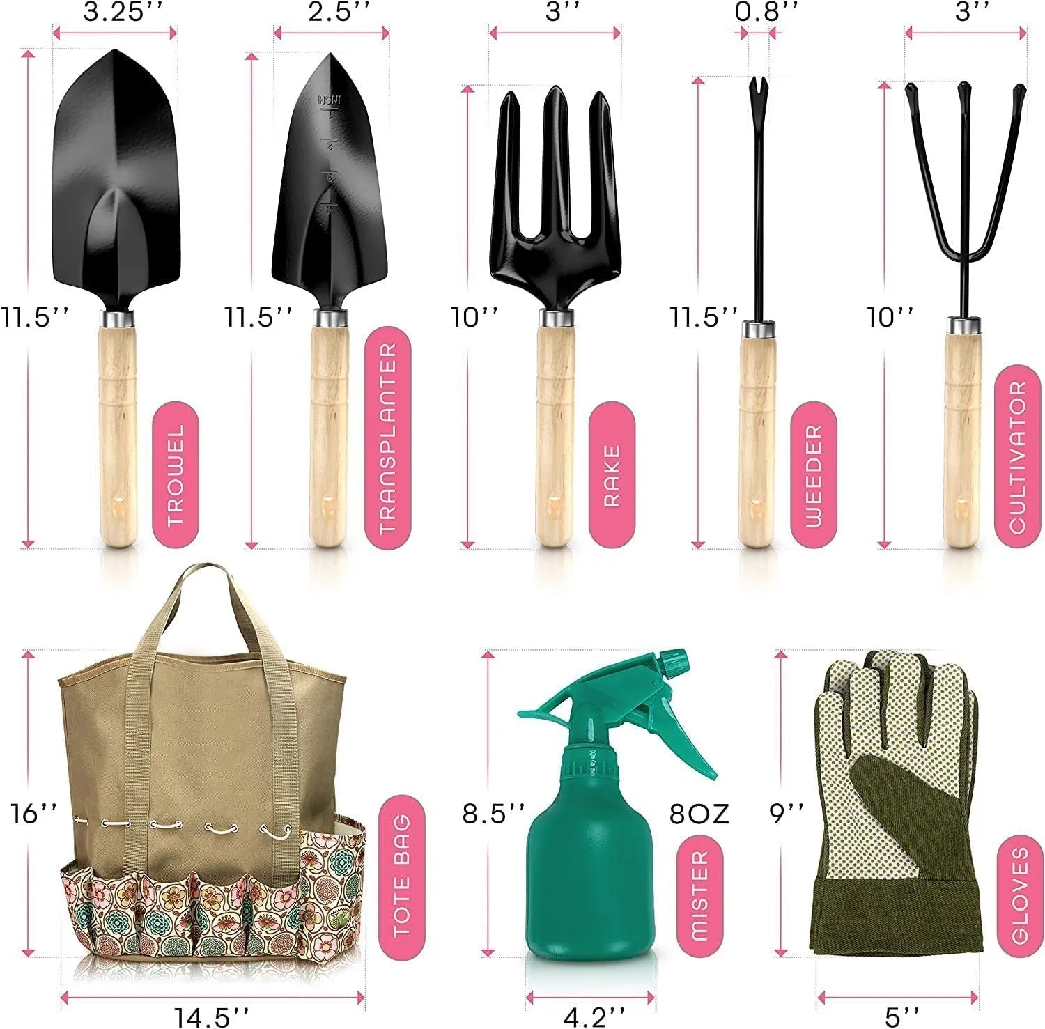 Stainless steel gardening hand tools set of eight pieces including trowel and fork on a garden surface