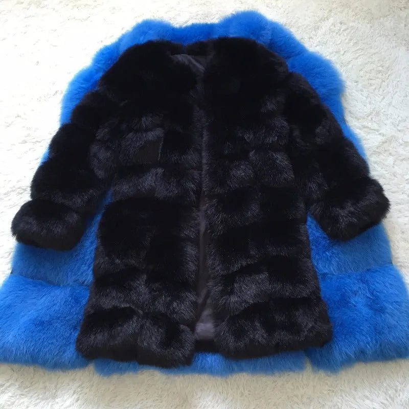 Women's thick artificial fur coat in apricot colour, shown with regular sleeves and 80 cm length