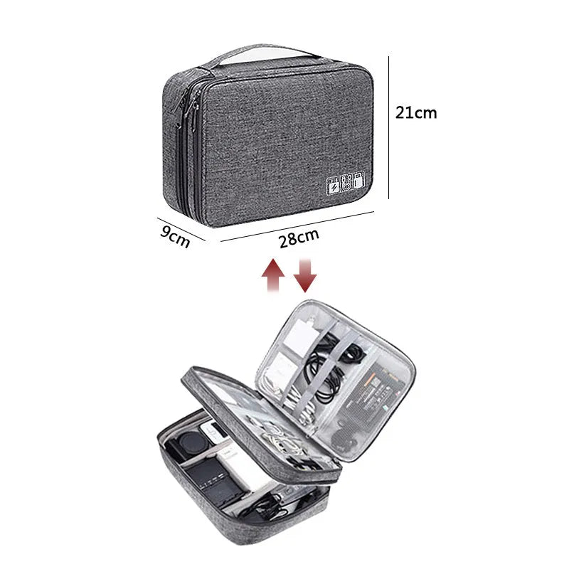 Grey waterproof electronics organiser with double-layer interior, adjustable dividers, and carrying handle