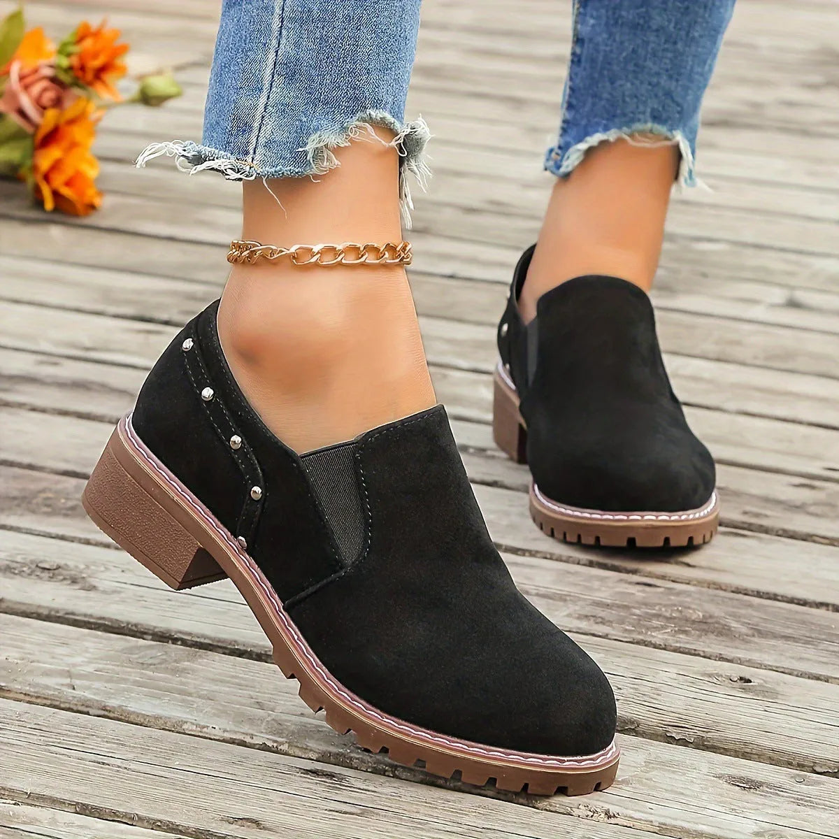 Light brown plus size suede ankle boots with elastic band and low rubber sole