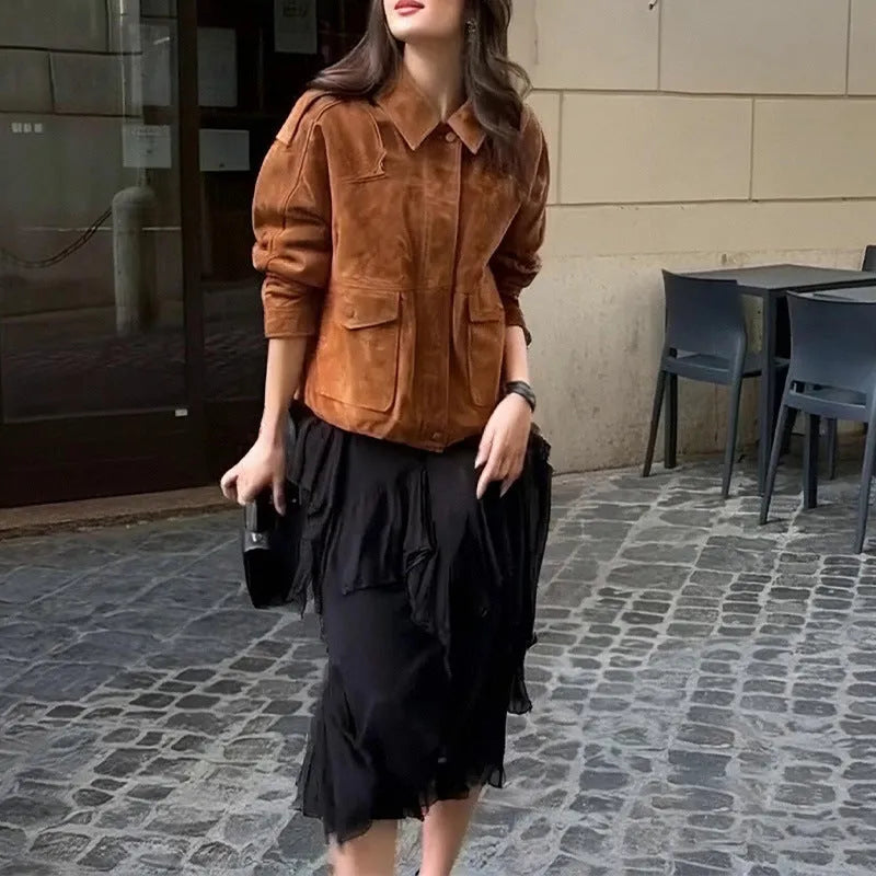 Brown polyester suede coat with regular sleeves on a hanger