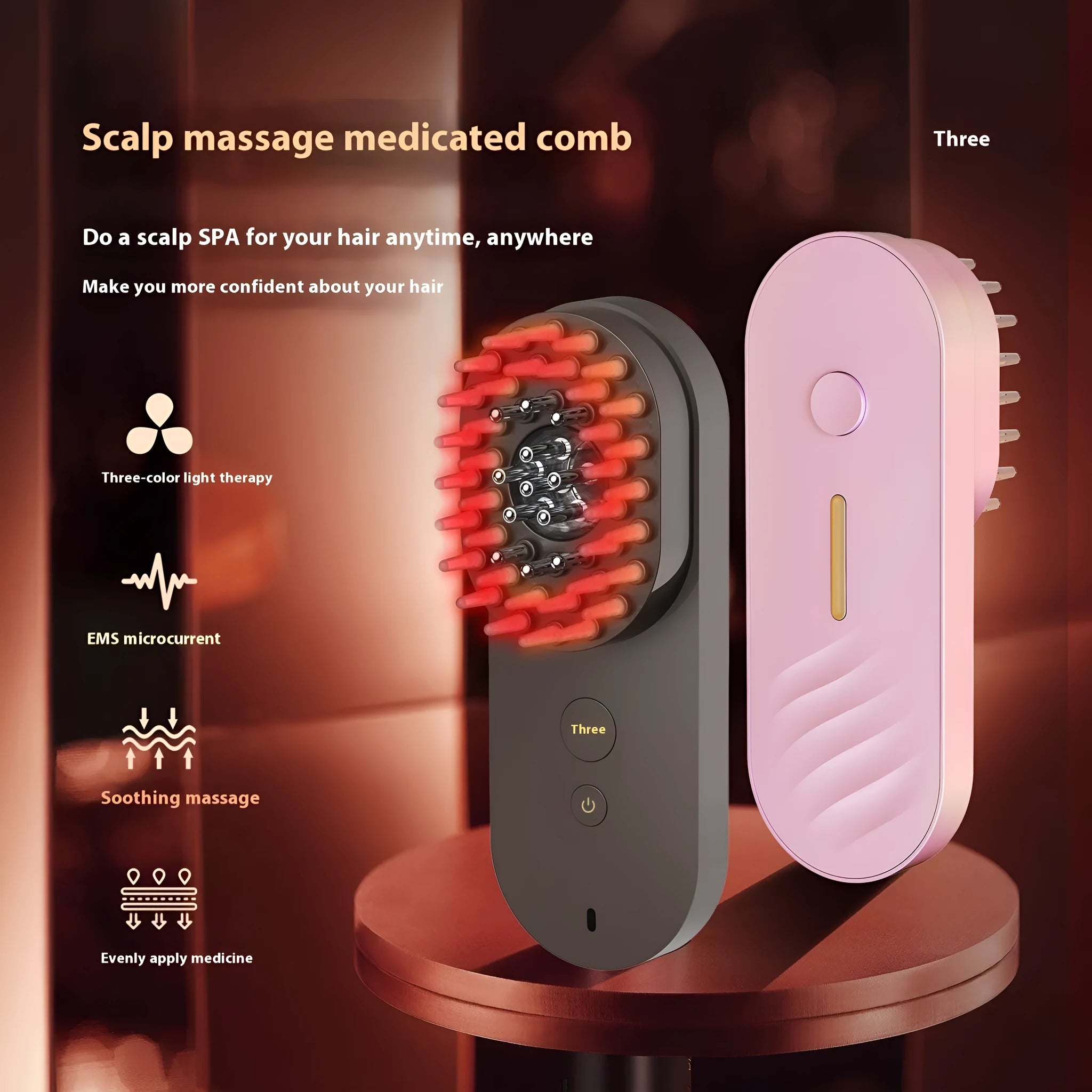 Pink and black smart massage comb for scalp care with red light therapy, shown next to its box.