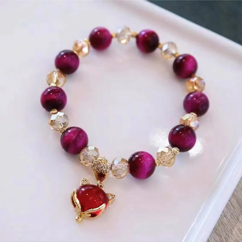Handmade Tigereye crystal bracelet on a single chain and double chain in green and rose red styles.