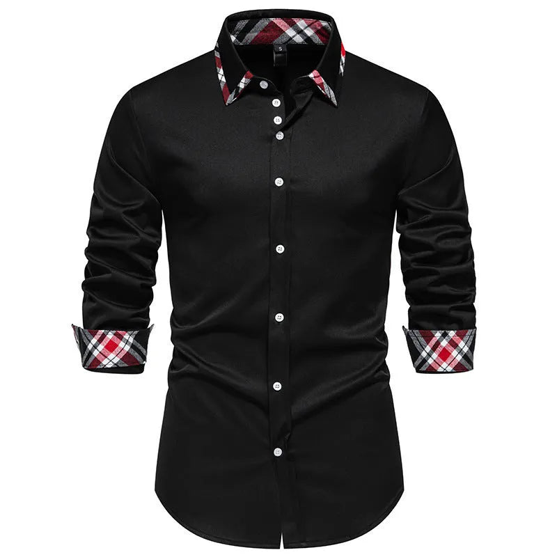 Men's triangle collar shirt with plaid contrast panels in polyester fibre