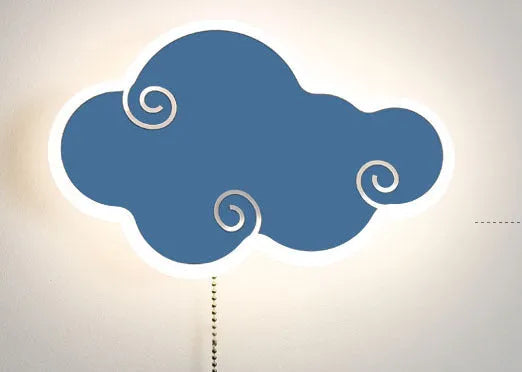 White cloud-shaped children's wall lamp with acrylic cover mounted on a bedroom wall.