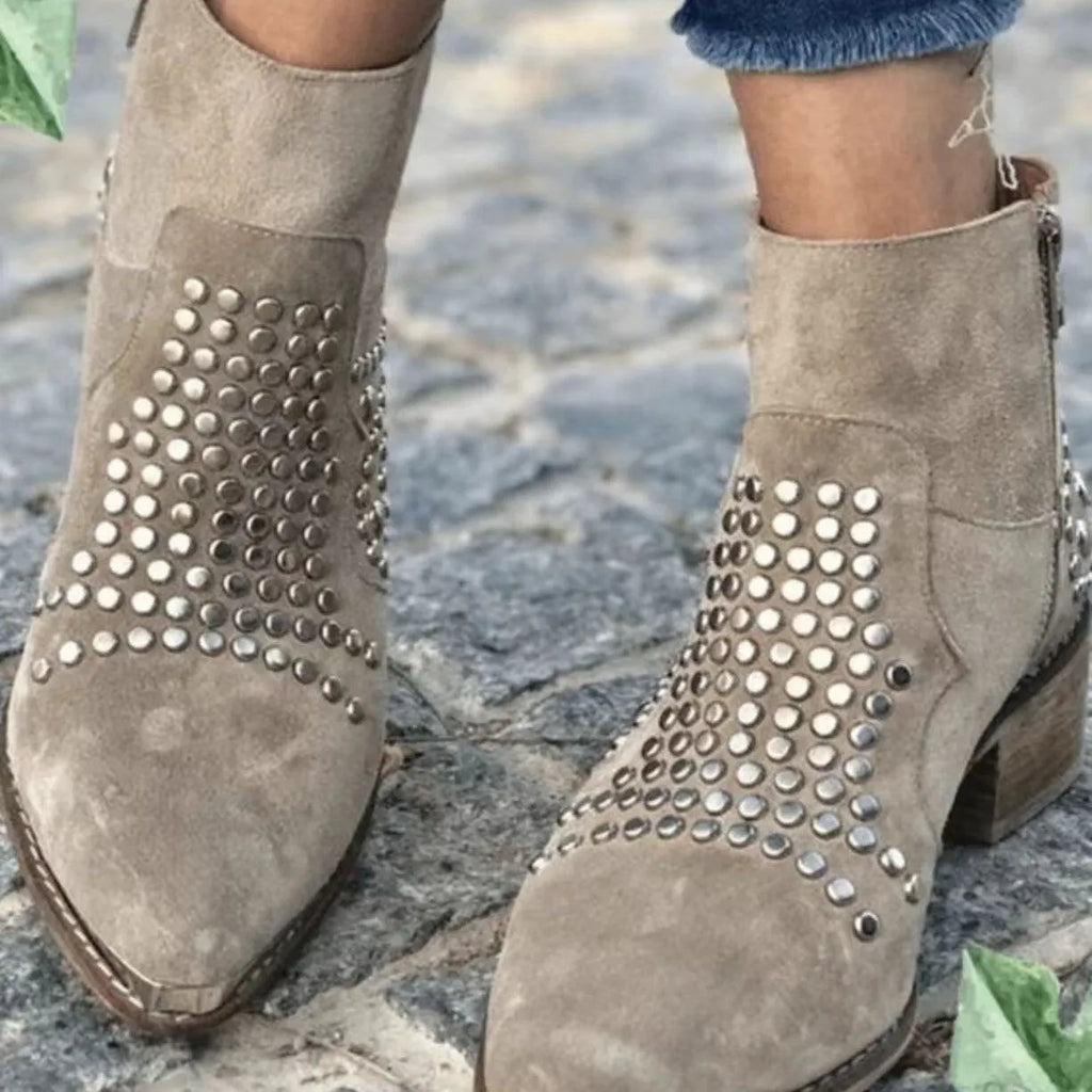 Light grey women's sequined ankle boots with chunky heel, pointed toe, side zipper, and rhinestone accents