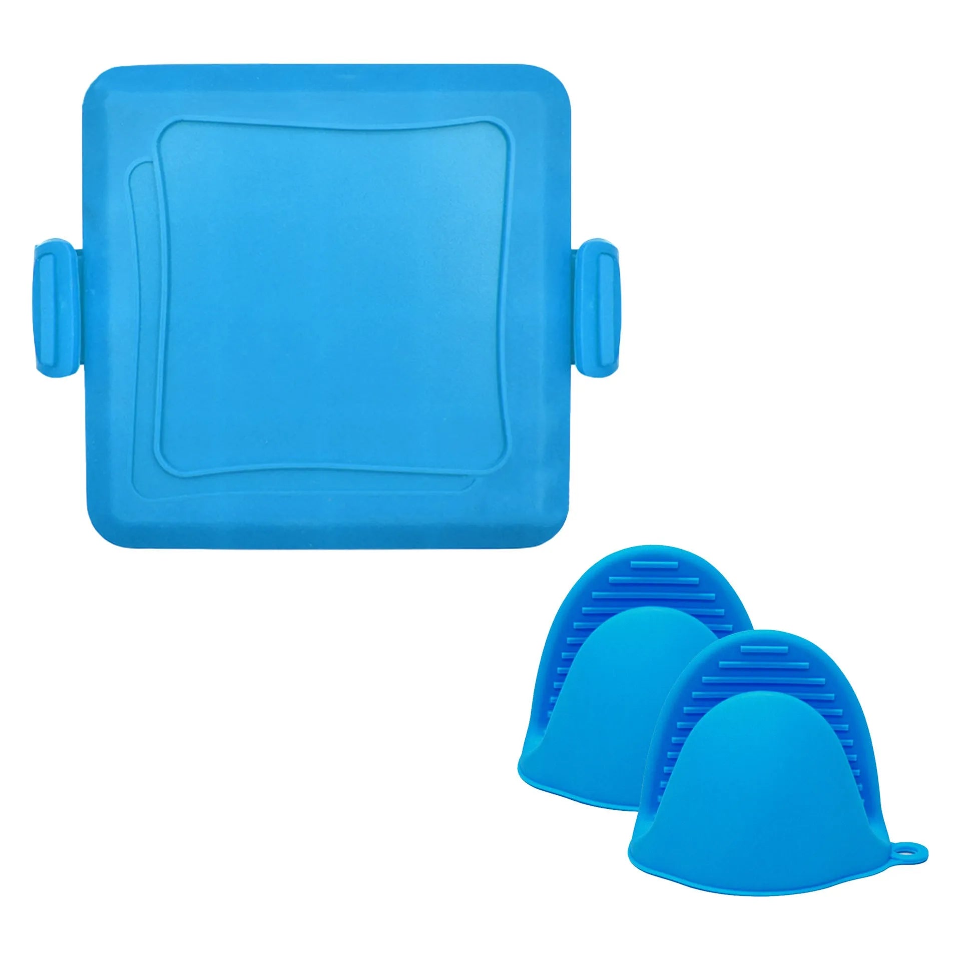 Red silicone baking tray and oven gloves set on a kitchen counter.