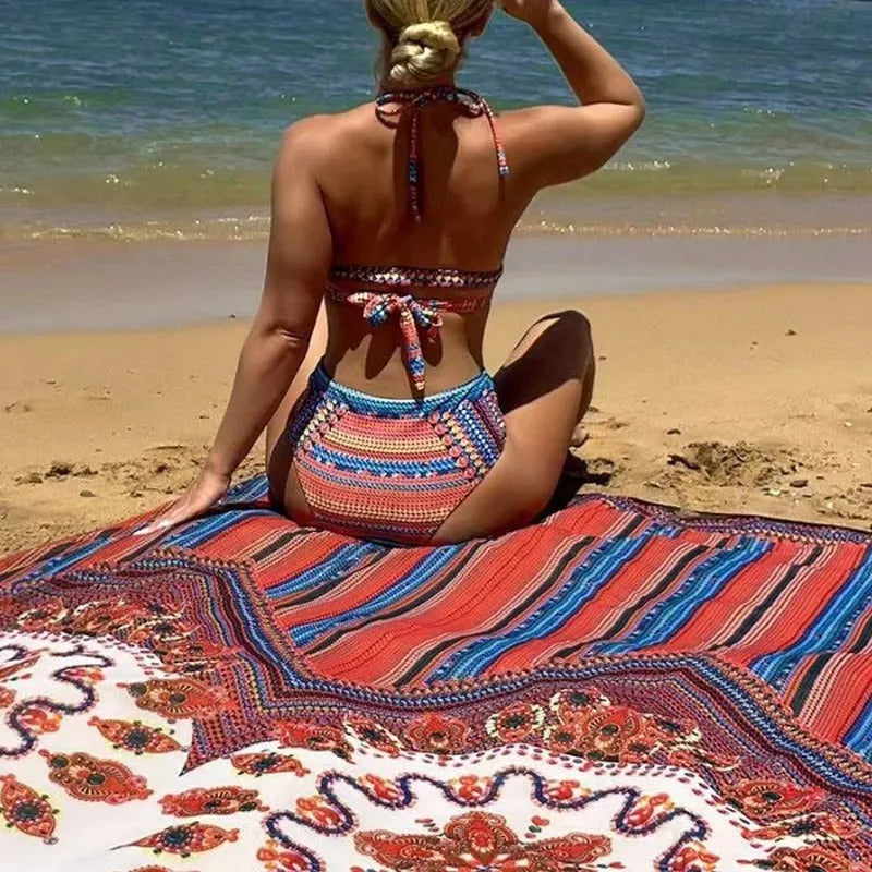 Women's three-piece swimsuit set showing sleeveless cutout blouse, high-waisted briefs, and matching coat