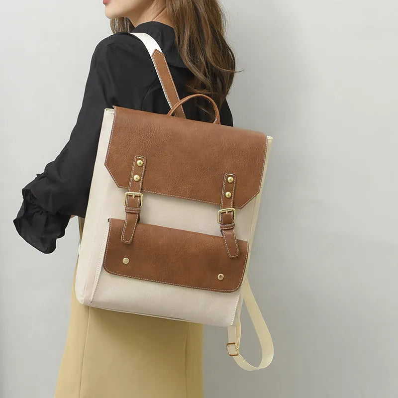 Korean retro style simple backpack in soft PU leather, shown in black, dark brown, milky white, and brown colour options.