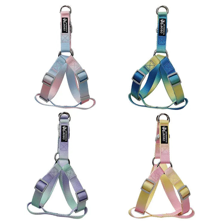 Gradient colour nylon pet leash set with dog collar and lead in pink blue yellow purple green combinations