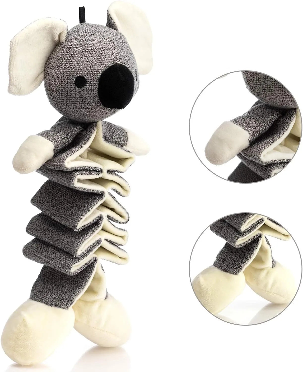 Grey koala plush dog toy measuring 30cm with visible stitching and plush limbs.