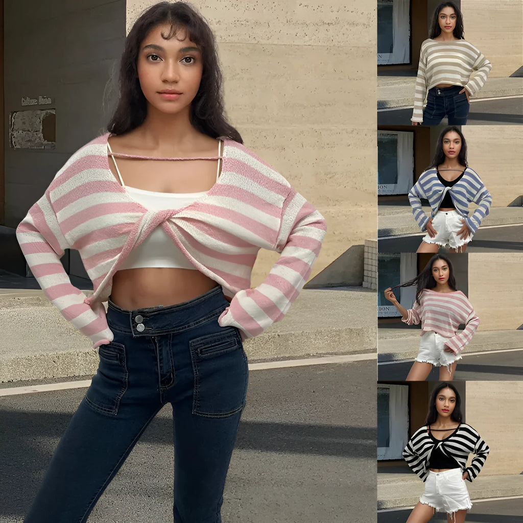 Woman wearing a striped long-sleeved cropped sweater in mercerised cotton, showcasing front and back wearable design.