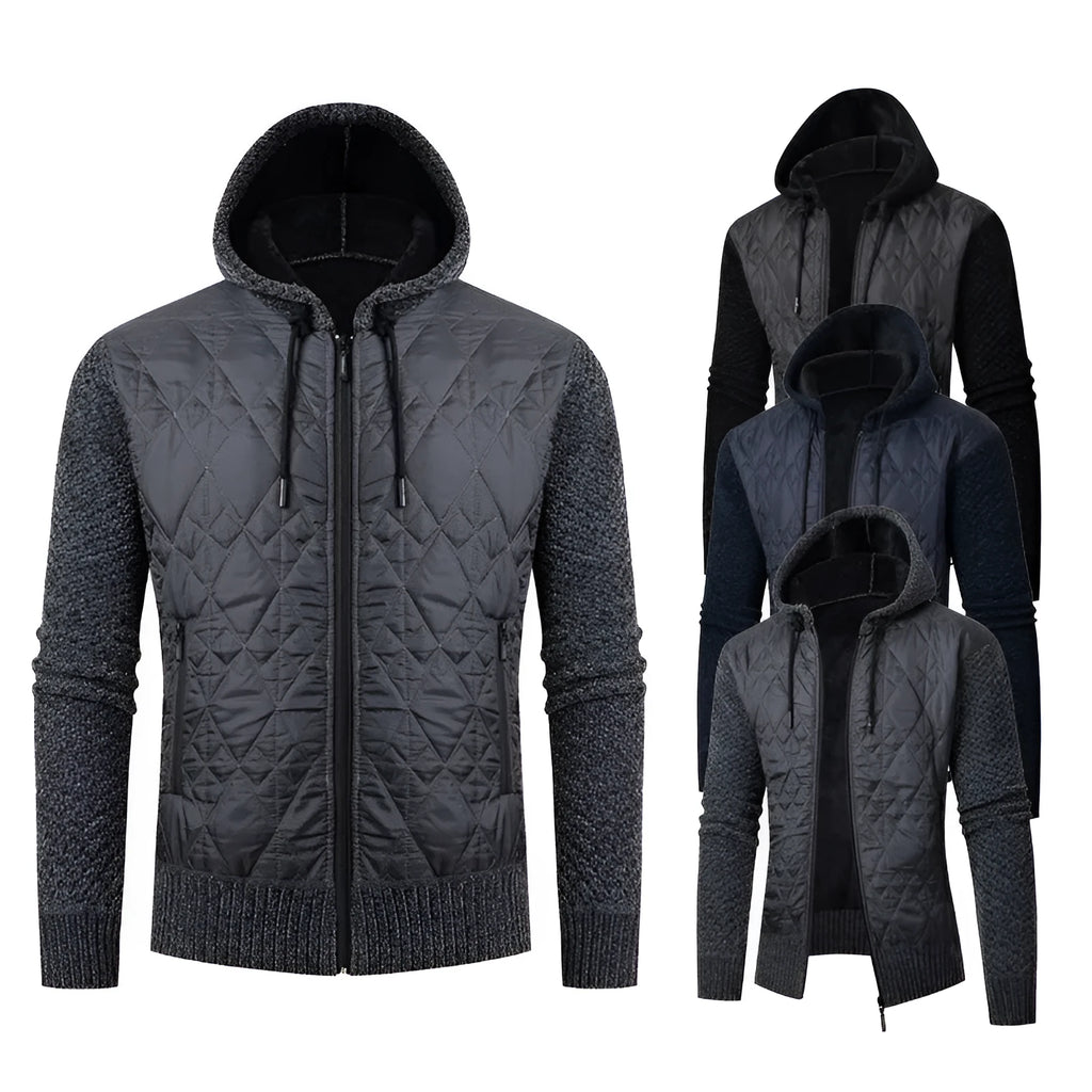 Men's grey corduroy hooded sweater coat with cinched waist design showing wool composition and cotton filler