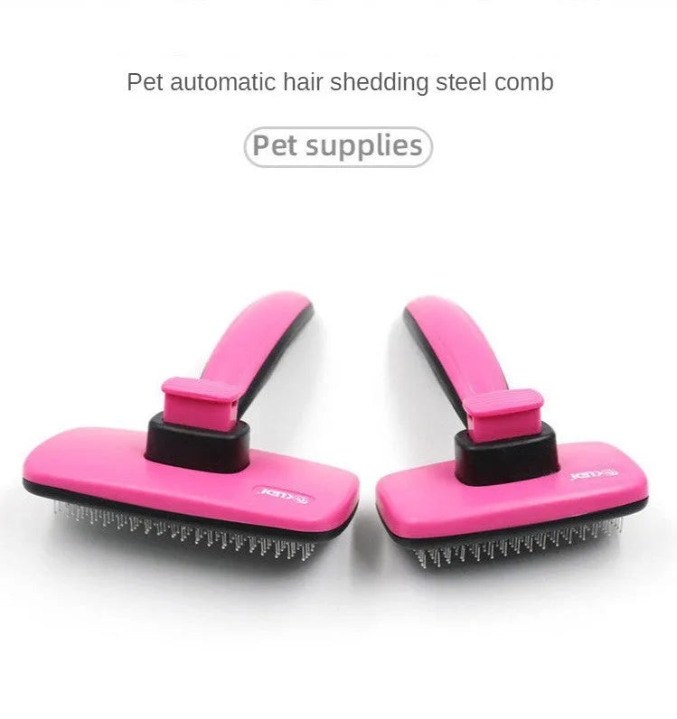 Automatic dehairing comb with stainless steel teeth and rose red handle, for dog and cat grooming, on a white background