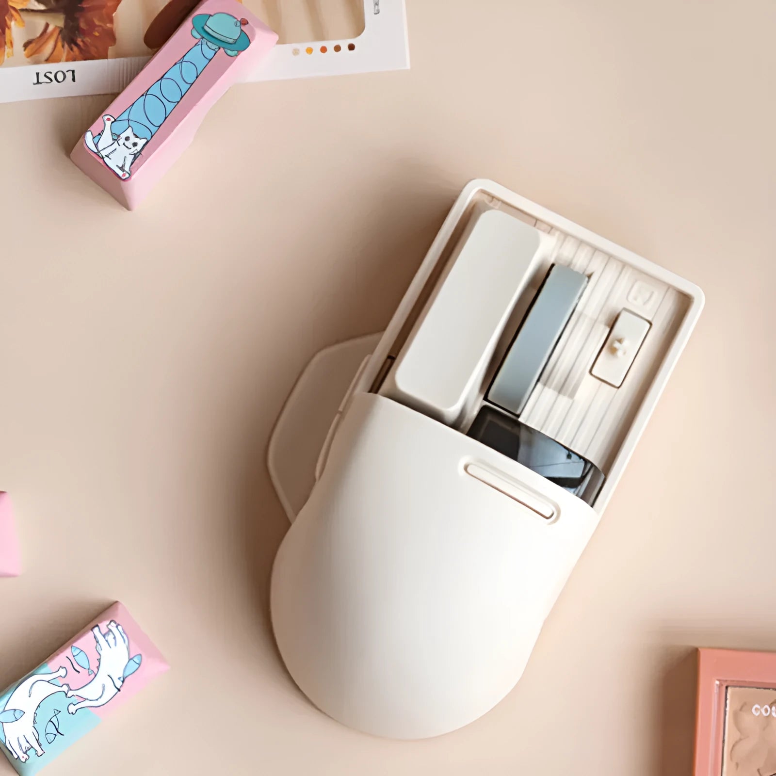 Xiaoqiao Tofu-coloured three-mode wireless mouse with USB-C cable on a desk